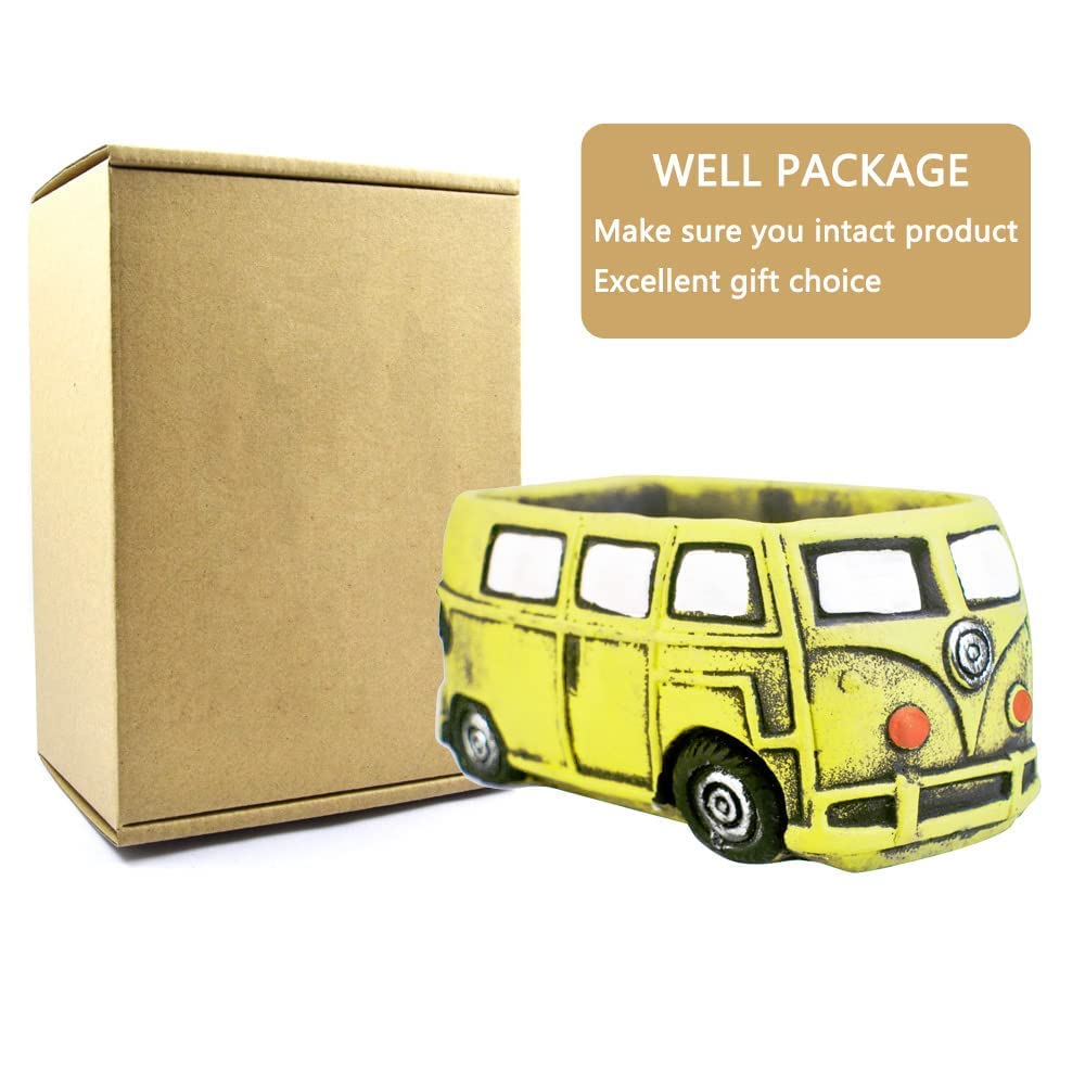 Ascrafter Cute Succulent Plants Planters, Small Planters with Drainage Hole, Flower Pots for Home Indoor Outdoor Garden Decoration (Yellow Bus)