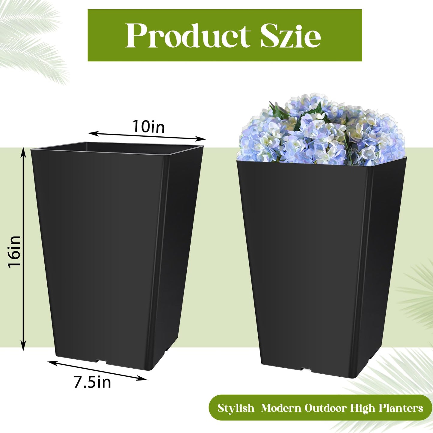 Briwooody Set of 2 15.75 Inch Large Taper Planters Outdoor Indoor Tall Resin Flower Pots with Drainage Holes Modern for Front Door Patio Backyard Plants(Black)