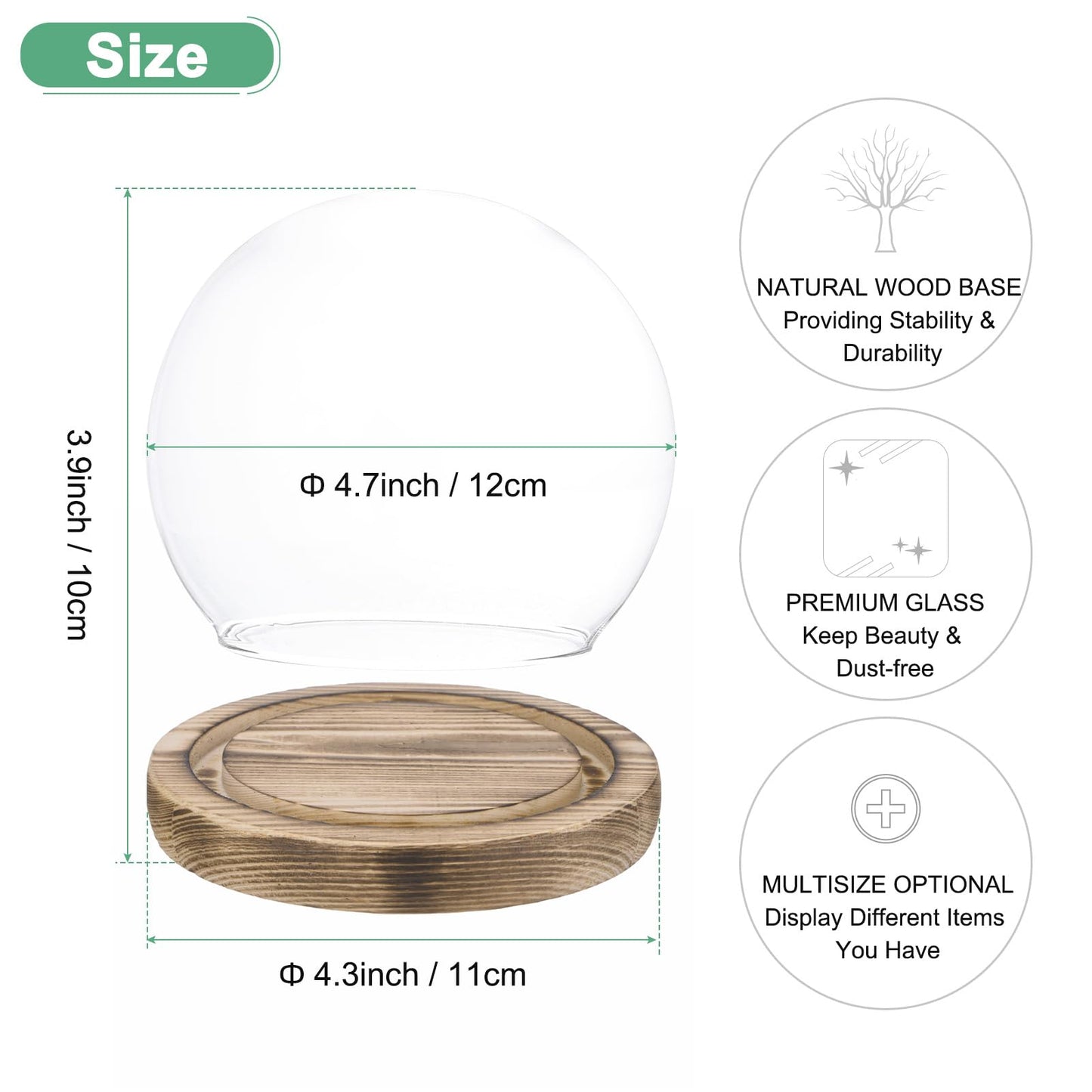 M METERXITY Cloche Glass Dome, D4.7In Ball Jar with Wooden Base for DIY Snow Globes/Small Plants/Flowers/Candles/Models/Souvenirs, Glass Display Case [Burnt]