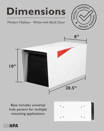 Ilyapa Modern Mailbox for Post Mount - White with Black Door Powder Coated Steel, Waterproof Letter Box for Parcels, with Recessed Magnetic Close Door