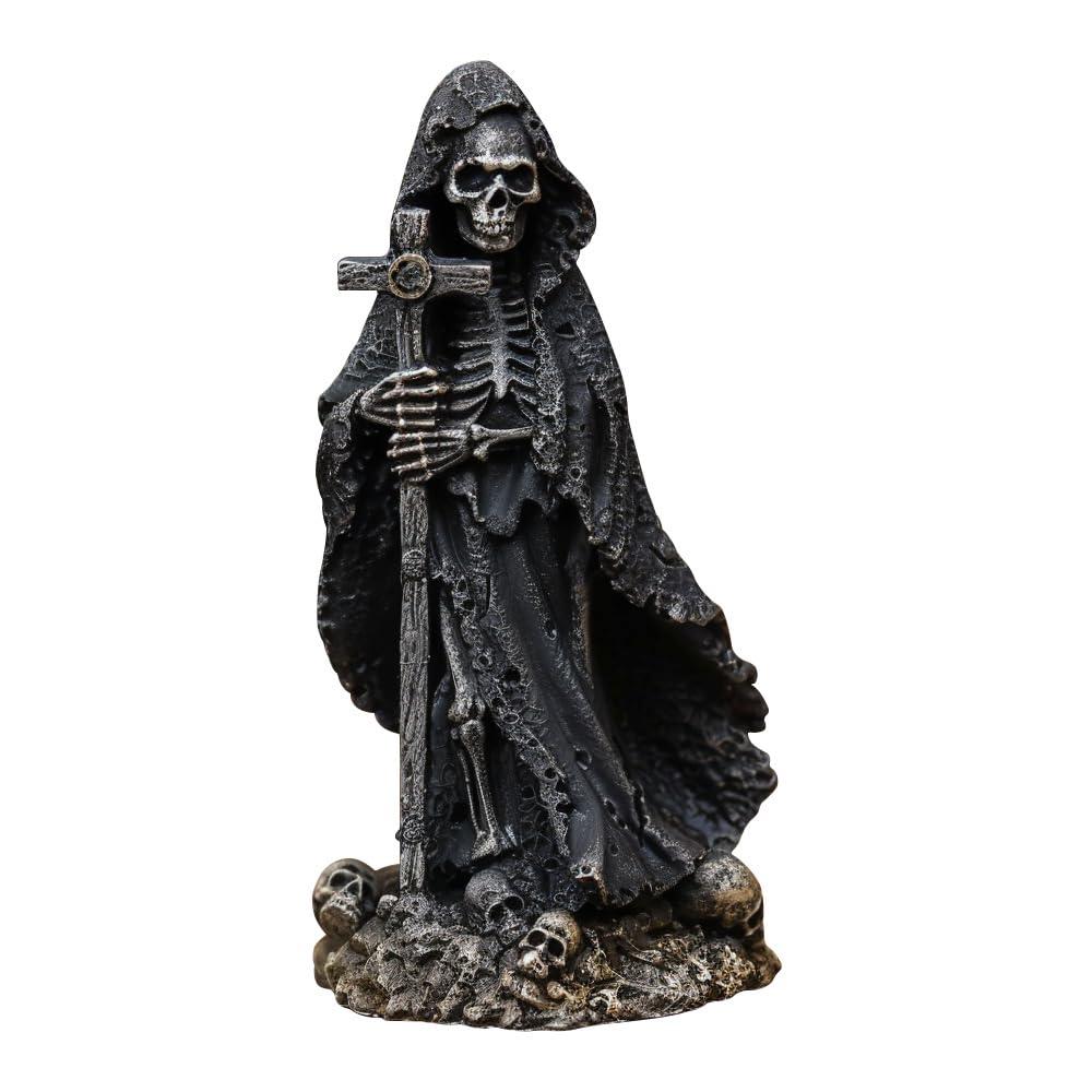 MBVBN Halloween Skeleton Statue - Gothic Decor with Skull Resin Art Sculpture, Cross Cloak Skeleton for Table Decor