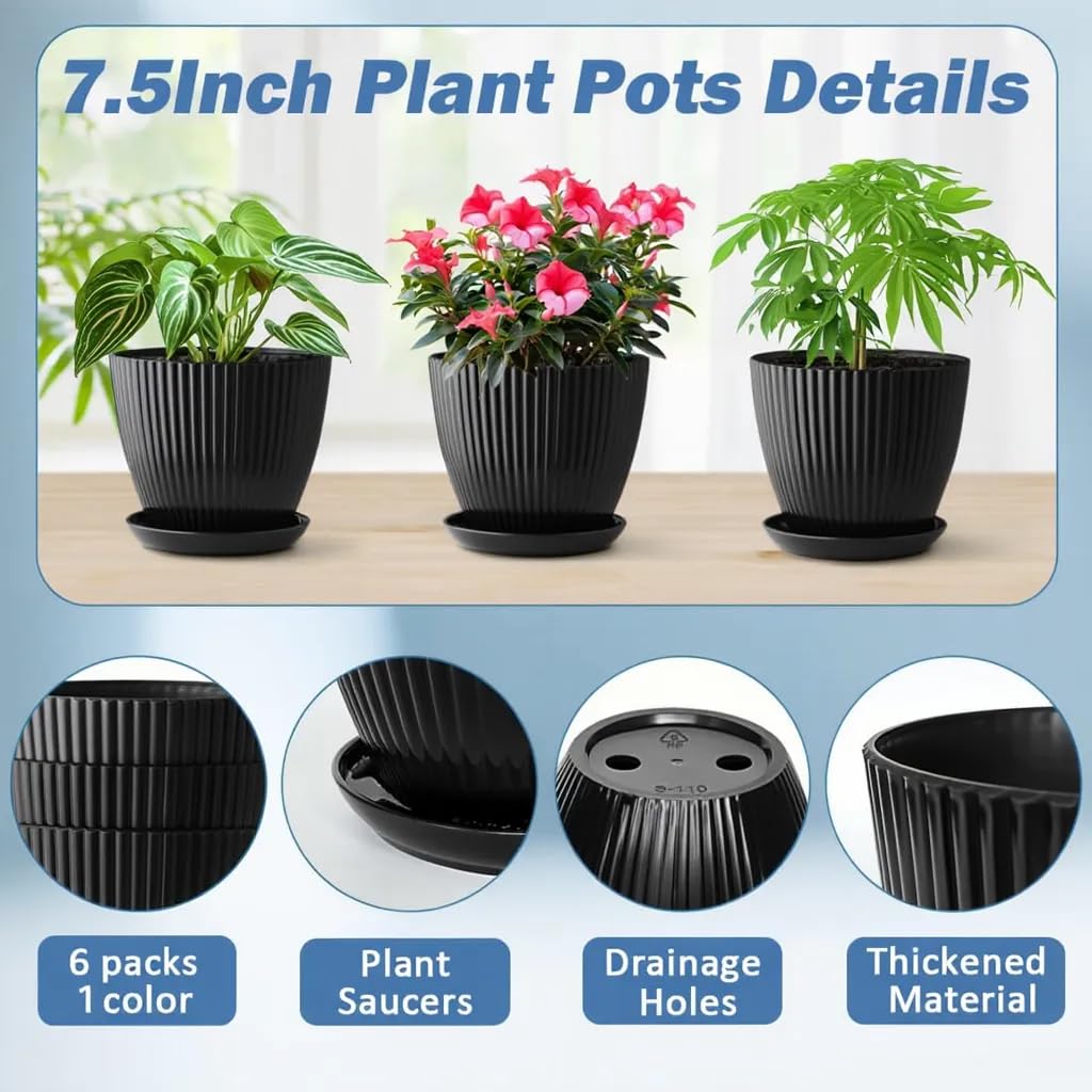 RooTrimmer 7.5 Inch Black Thickened Plastic Plant Pots with Saucers, 6-Pack Modern Seedling Planters for Indoor Outdoor Plants, Durable Heavy-Duty PP Material for Herbs Flowers Vegetables (＜8 inch)