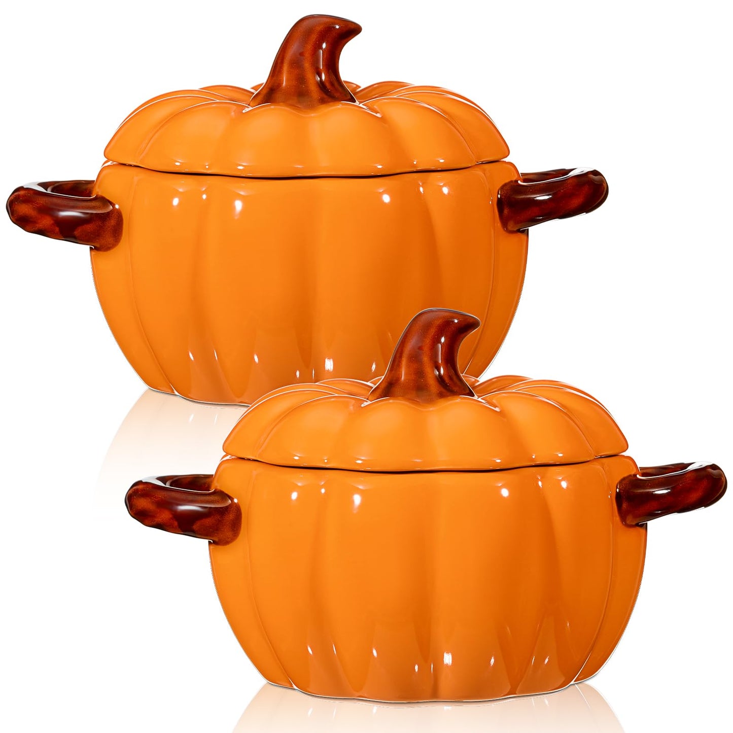 Uiifan 2 Pcs Pumpkin Bowl Ceramic Pumpkin Pot for Cooking Thanksgiving 17 oz Casserole Cookware Soup Dish Orange Cute Safe Oven Pot with Lid Double Ear for Fall Halloween Autumn Baking