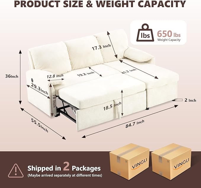VINGLI Beige Convertible Futon Sofa Bed, Sleeper Sofa