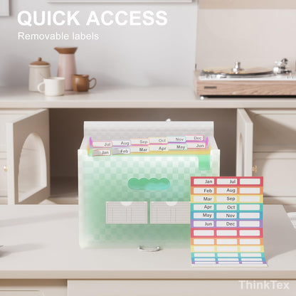 ThinkTex Accordion File Organizer, 12 - Pocket Expanding File Folders for Paper Receipts, Bills&Taxes Organizer, Letter/A4 Size Document Holder for School, Office, Home with Colorful tabs - Green