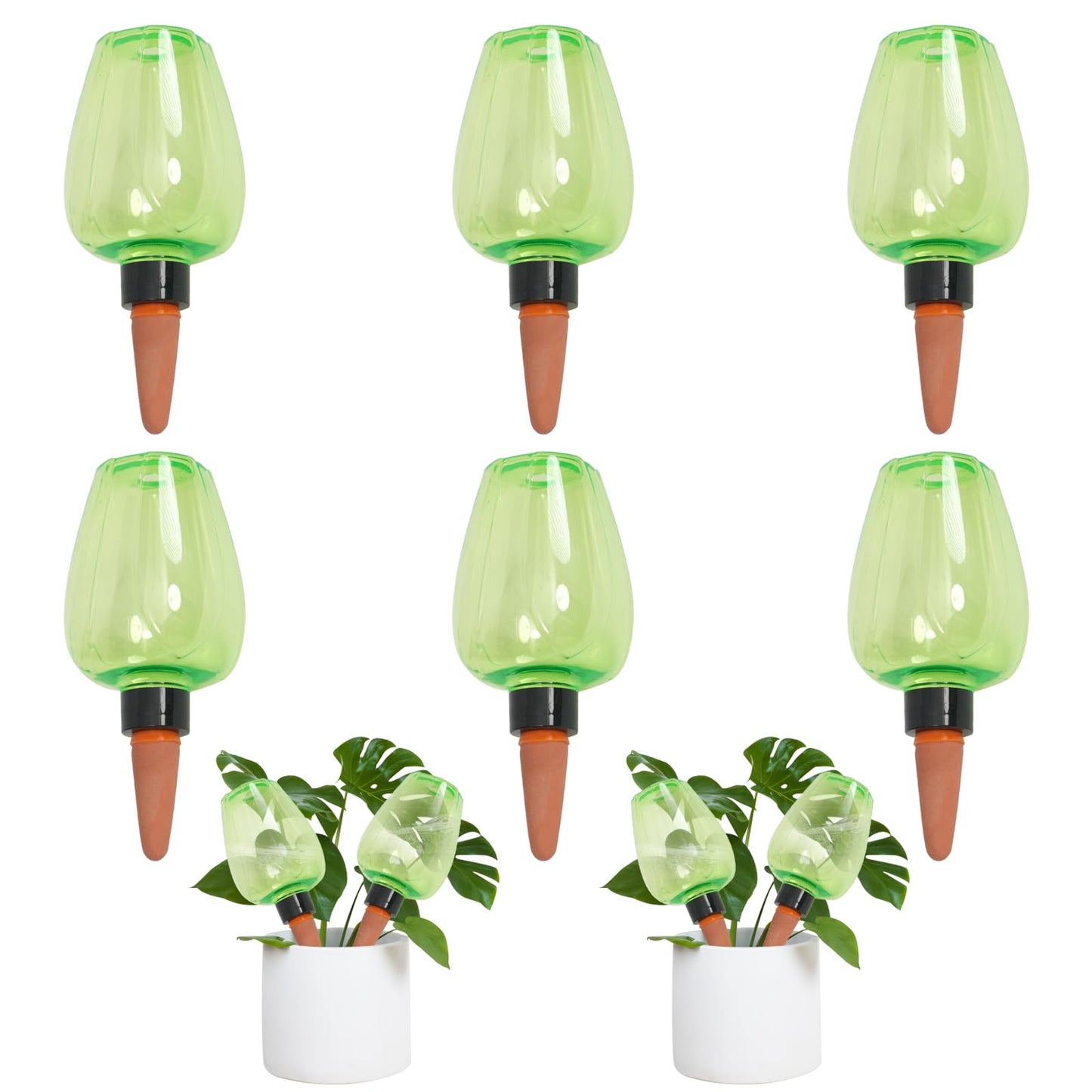 GEWOSI 6pcs Plant Self Watering Globes, Plastic Water Bulbs Top Fill, 12.3 oz Plant Watering Devices System Slow Release Terracotta, Water Spikes Stakes for Indoor (Green-6pack)