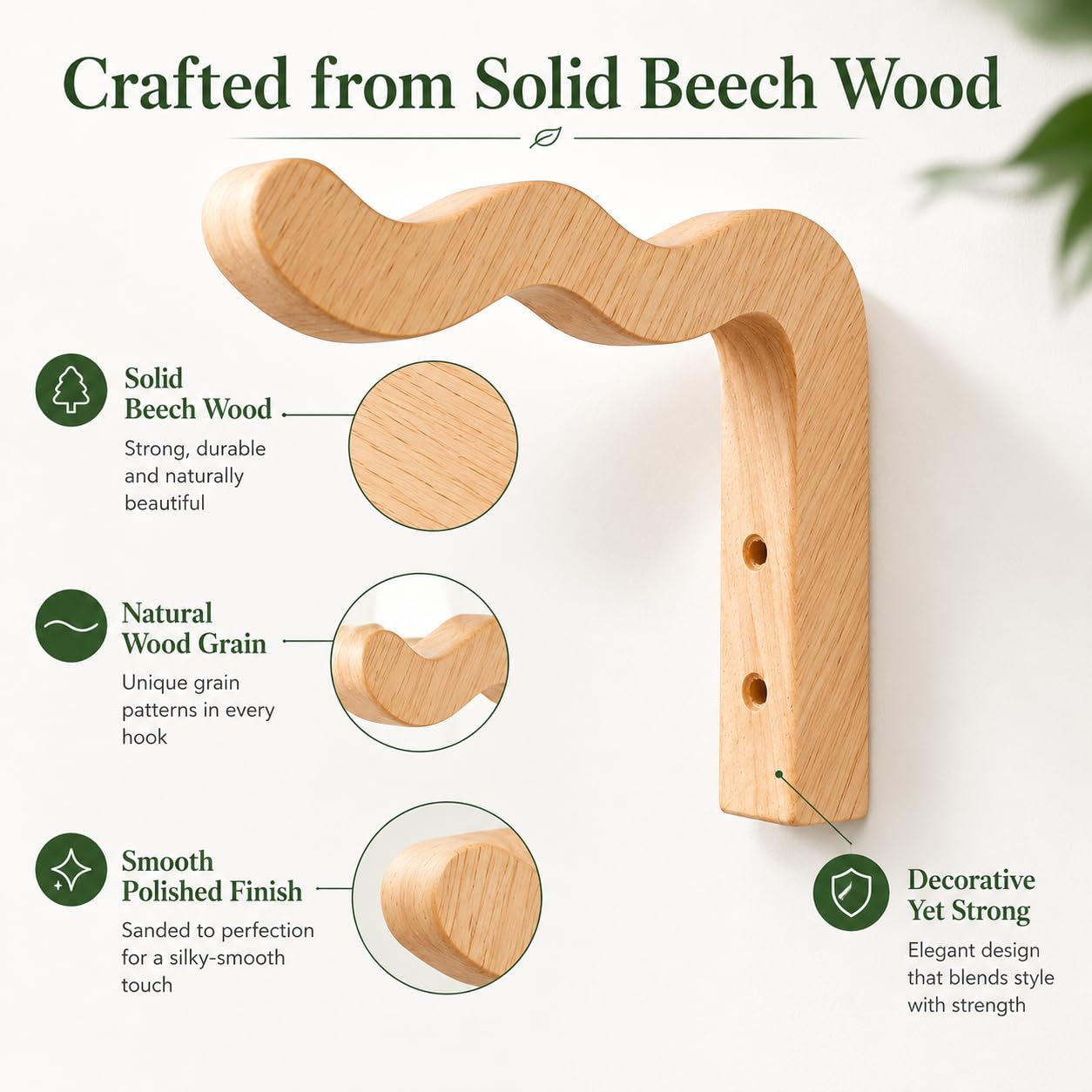FGSAEOR Wood Plant Hangers Wave-Shaped for Outdoor, Wall Mount Hanging Plant Hooks Heavy Duty Indoor Outdoor Hooks for Flower Pots, Wind Chimes, Bird Feeders, 2 Pack (Solid Beech Wood)