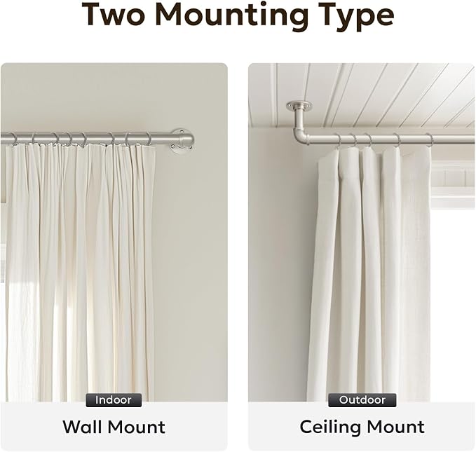 Zeerobee Curtain Rods for Windows 32 to 48, 1 Inch Industrial Wrap Around Brushed Nickel Curtain Rod, Indoor/Outdoor Room Divider Adjustable Drapery Pole, 32"-48"
