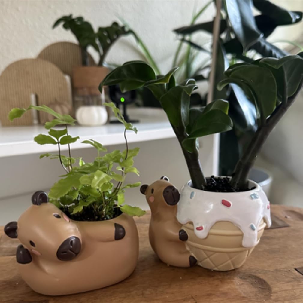 SPEALLOY Capybara Resin Succulent Planter Set of 2 - Mini Garden Decor with Drainage Holes (4.1"x2.75", for Plant Lovers)