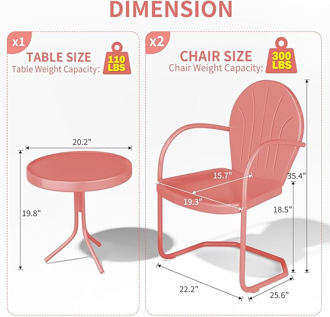 Patio Bistro Set Retro Metal Outdoor Seating Conversation 3 Pieces, 2 C-Spring