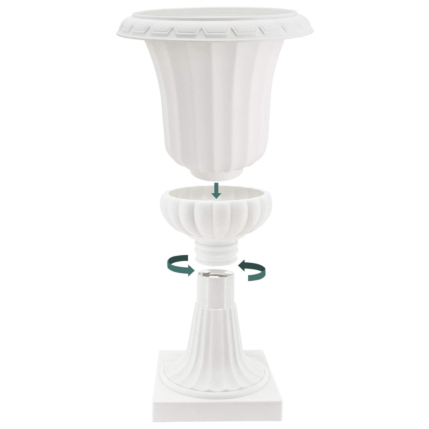 Arcadia Garden Products Plastic Garden Pedestal Urn, Set of 2 Classic Decorative Garden Pot Planter for Indoor and Outdoor Plants, 10” x 17”, White