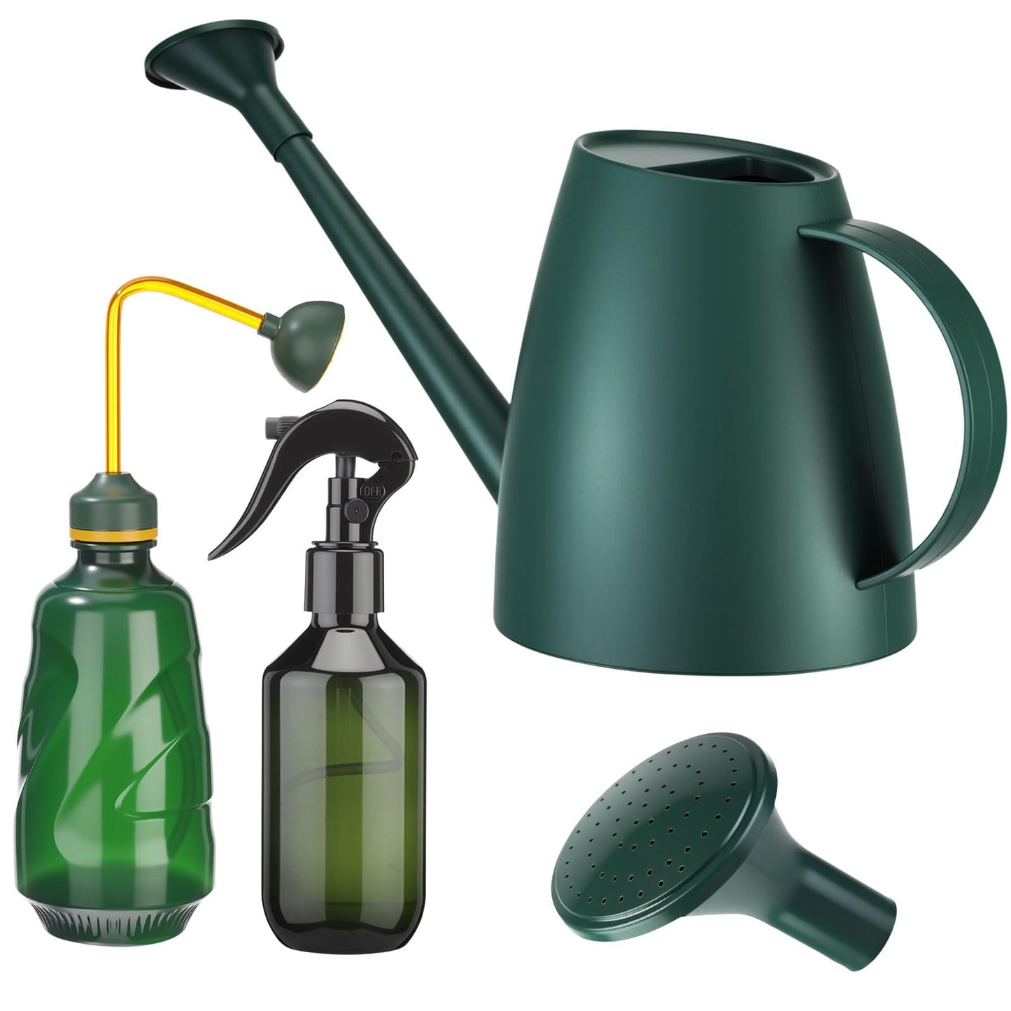 Reallnaive 1/2 Gallon Long Spout Watering Can Set for Indoor & Outdoor Plants – Includes Spray Bottle, Squeeze Bottle, Watering Globes & Soil Moisture Meter for Garden & House Plants(Dark Green)