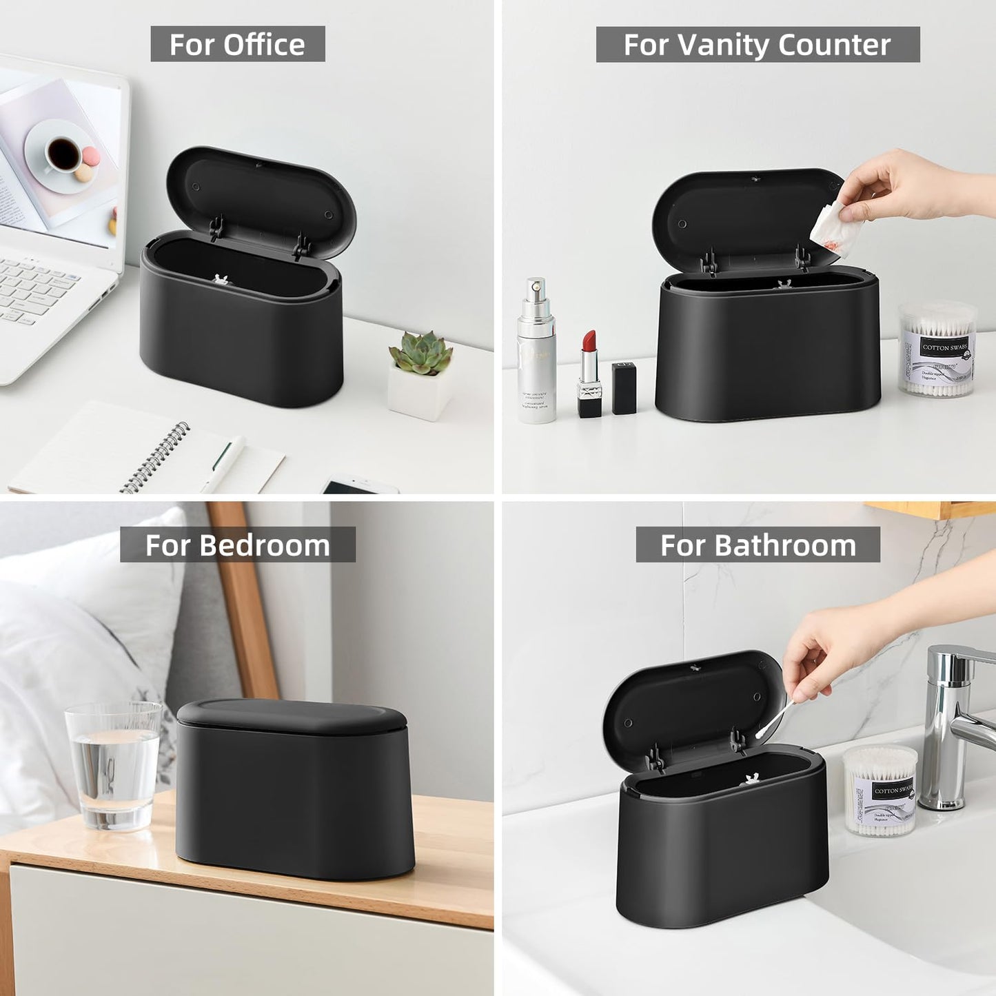 SUBEKYU 0.5 Gal Mini Countertop Trash Can with Lid for Desktop, Small Garbage Can for Office, Tiny Wastebasket, Plastic,Black
