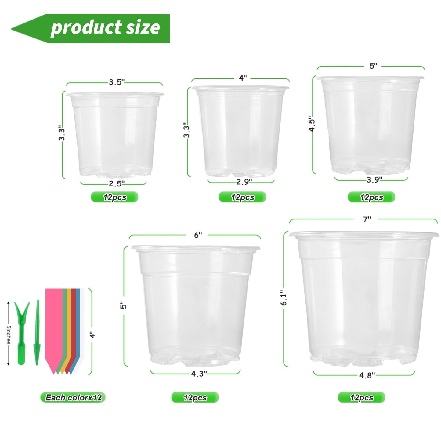 60 Pack Clear Nursery Pots with Drainage Holes, 3.5/4/5/6/7 Inch Clear Plastic Pots for Plants, Reinforced Transparent Nursery Pot with 60 Colorful Plant Labels 2 Garden Tools