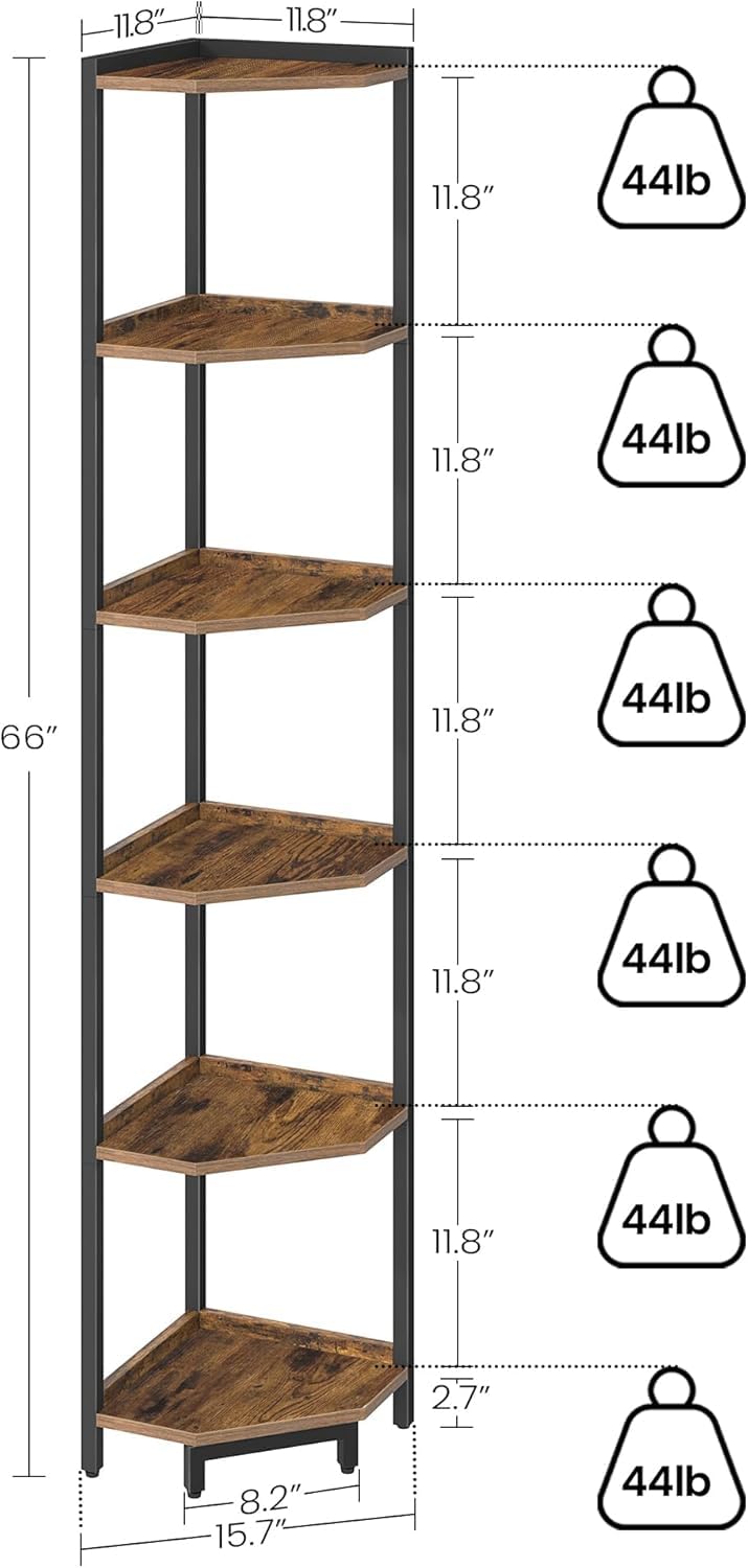 Hzuaneri Corner Shelf Stand, Corner Bookshelf, Storage Standing Shelf Unit with Metal Frame, Plant Stand, Bookcase for Living Room, Home Office, Bedroom, 6-Tier Rustic Brown CS06001B