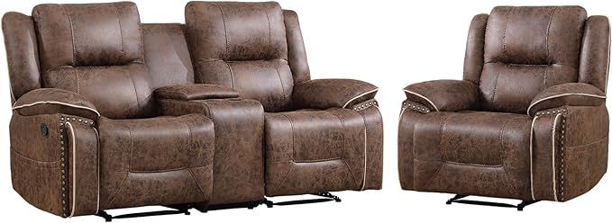 EBELLO Faux Leather Manual Recliner Sofa Set, 1 Seat Reclining Chair and a