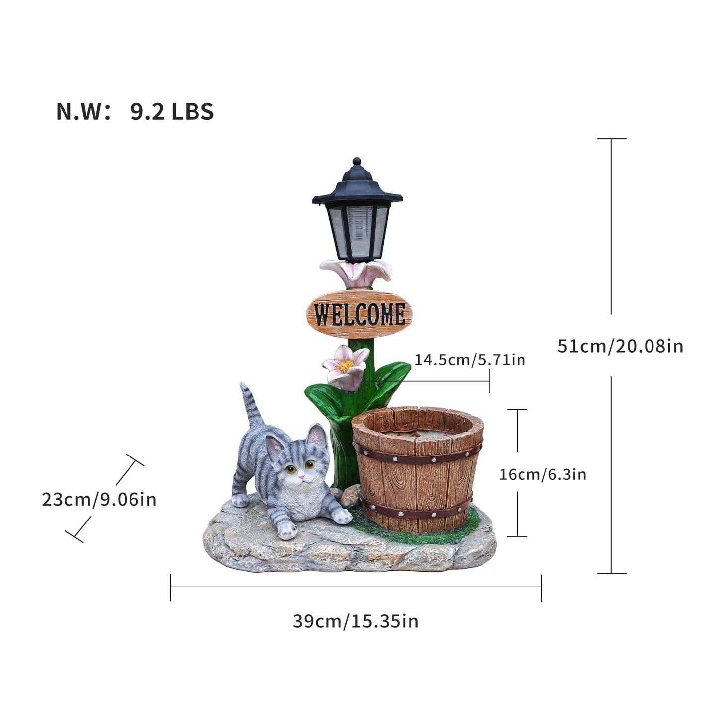 UNOIRNM Gray Tabby Cat Garden Statue - with Solar Lantern and Wooden Pail Planter, 20" Tall Outdoor Resin Welcome Cat Figurine for Patio Decor, 9.2 lbs Large Animal Sculpture, 15.4" Length