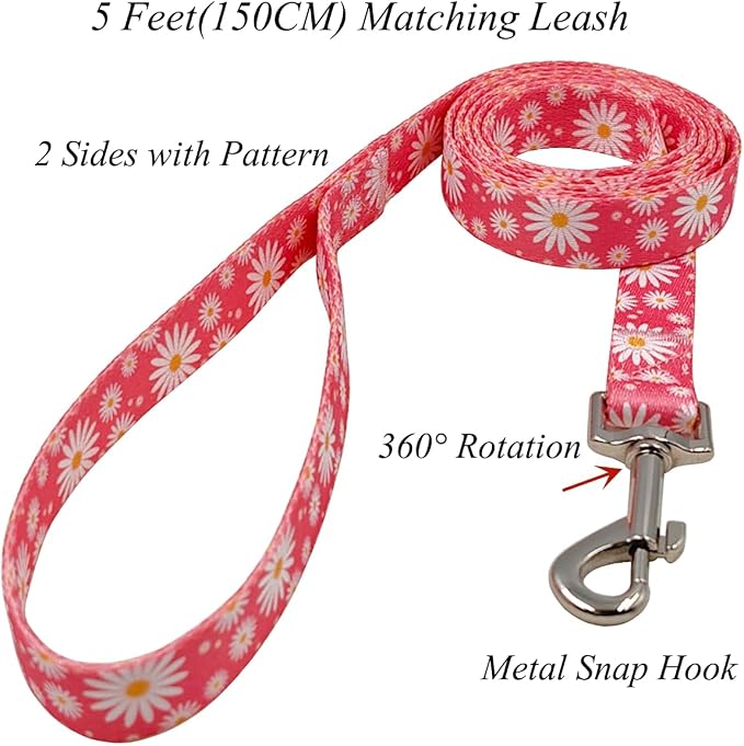 Dog Collar Leash Set, Floral Pattern, Polyester Material, Adjustable Collar and 5ft Matching Leash, for Puppy Dogs.(XS, Daisy)