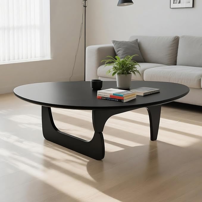Solid Wood Triangle Coffee Table,Unique Mid Century Modern Oval Coffee Table,Irregular Geometric Tea Tables for Home Living Room with Wooden Tabletop and Reinforced (Black2, 43" L x 31" W x 16" H)