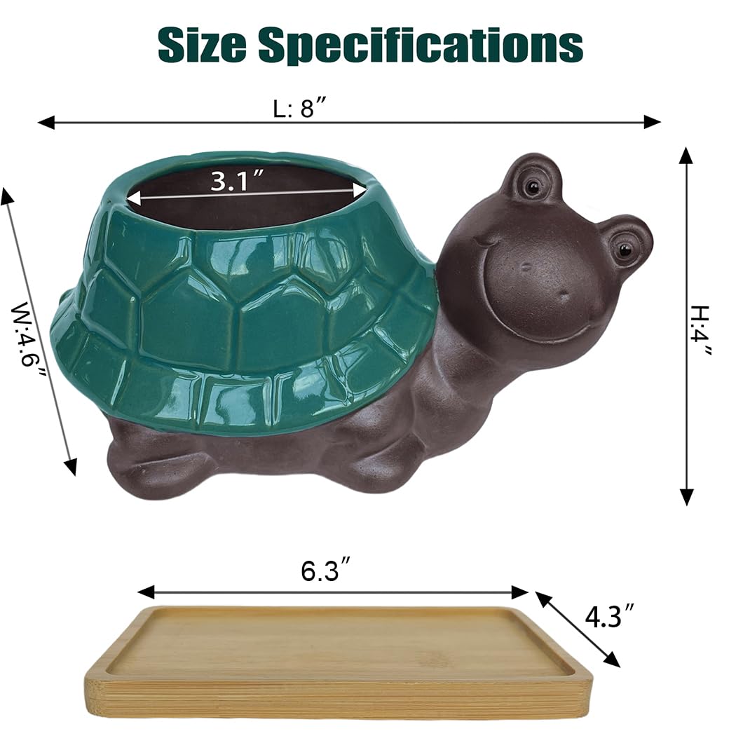 MUZHI Ceramic Bonsai Pot with Bamboo Tray SmilingTurtle Shape, Cute and Funny Animal Plant Pot with Drainage Hole, Art Desk Decorations and Gift