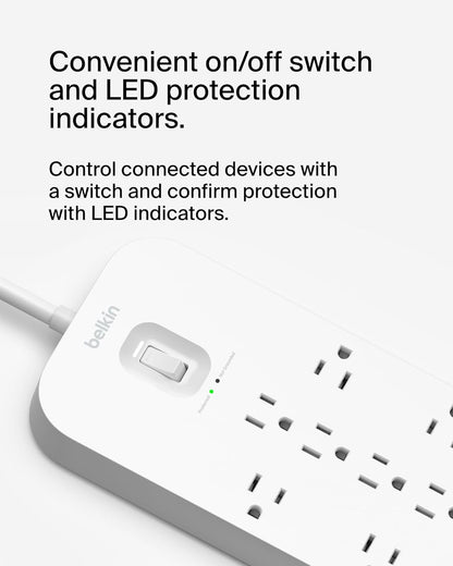Belkin 12-Outlet Surge Protector Power Strip w/ 12 AC Outlets, 2 USB-A Ports and 1 USB-C Port, 6ft Cable, UL-listed w/ Overload & Overvoltage Protection + On/Off Switch - 3,480 Joules of Protection