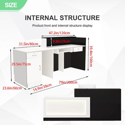 Modern Reception Desk with Counter and Drawer Office Front Desk with Cabinet Wooden Commercial Reception Table Checkout Counter for Retail Salon Lobby Black and White Left 79inch/200cm