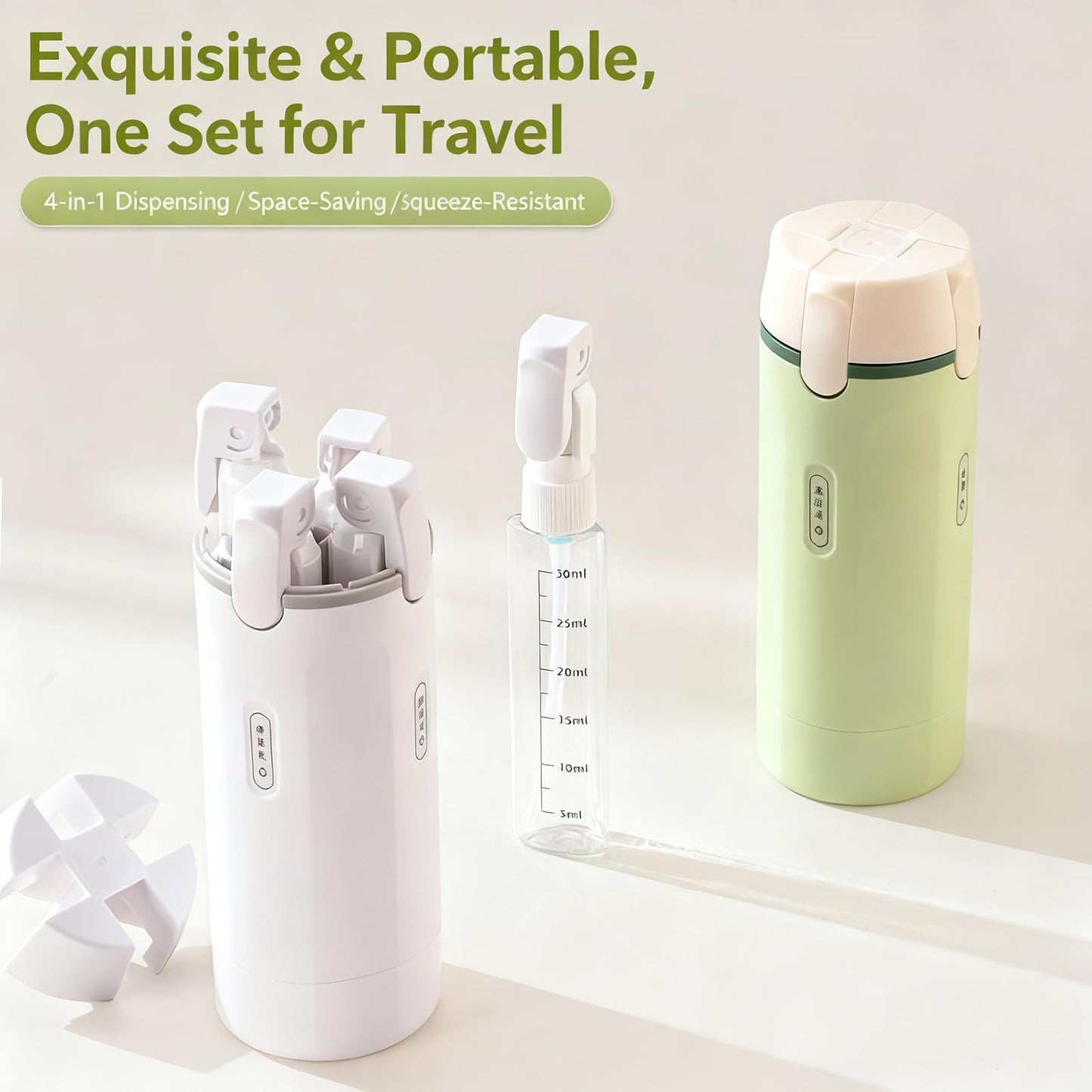4 in 1 Travel Dispenser Bottle,4 Pack 30ML Travel Bottles for Toiletries, Leak Proof Travel Size Containers (White, OneSize)