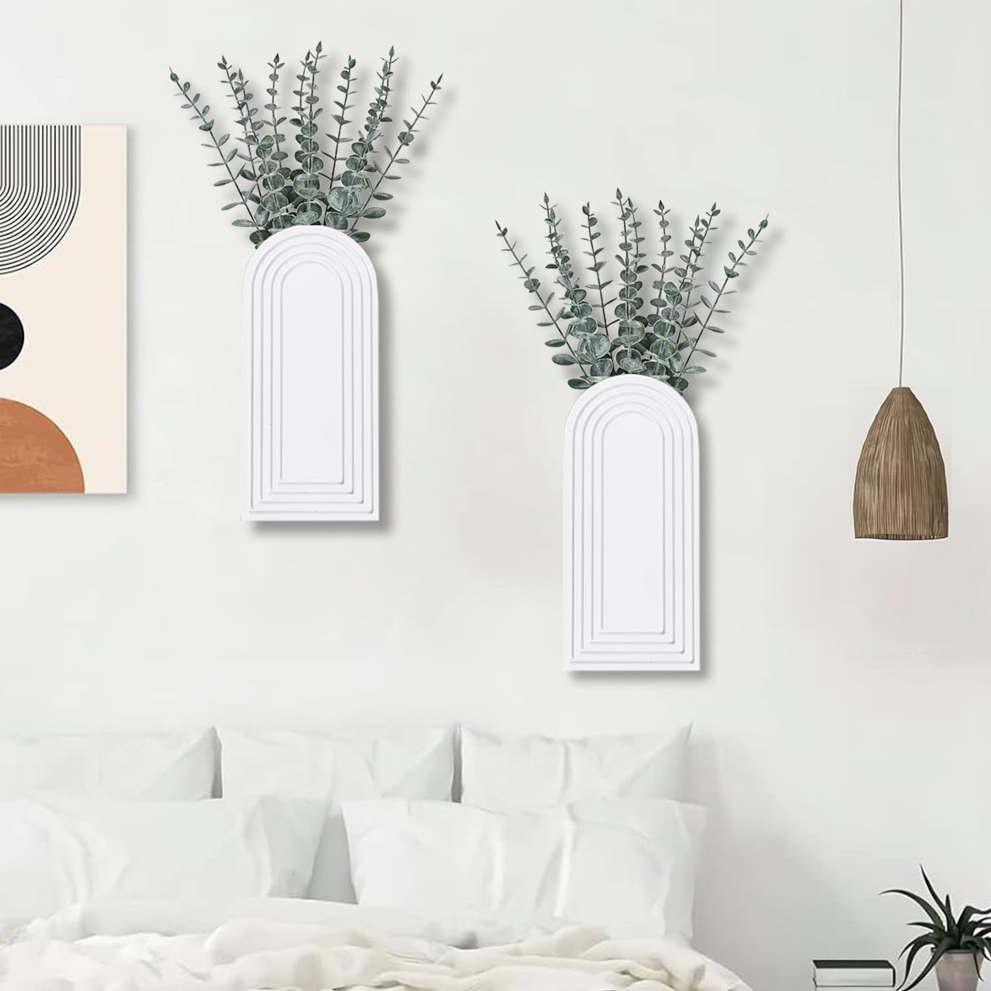 Dnnnii 2 Pack Wooden Wall Vase Set - White Finish Modern Farmhouse & Boho Wall Decor for Entryway, Hallway, Bathroom, Living Room, Dining Room, Narrow Spaces