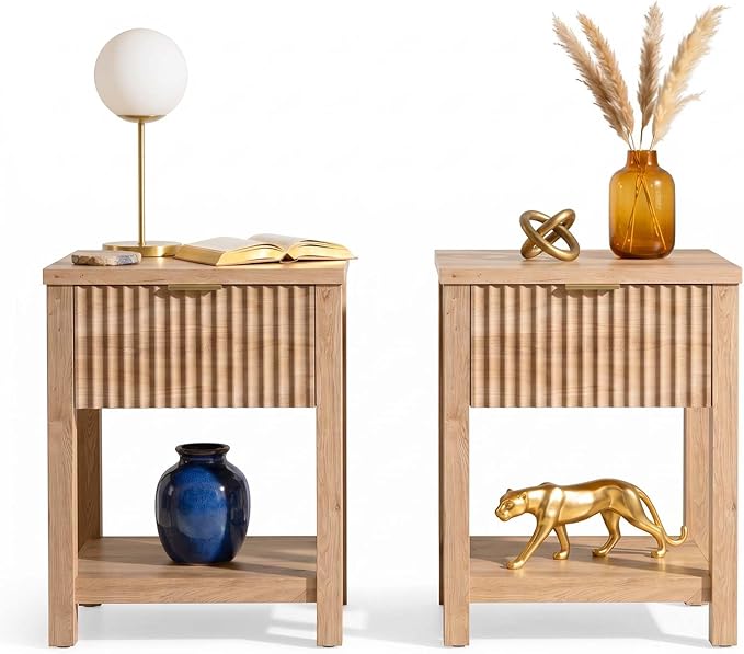Fluted Night Stand with Golden Handle, Bedside Table with Storage Shelf