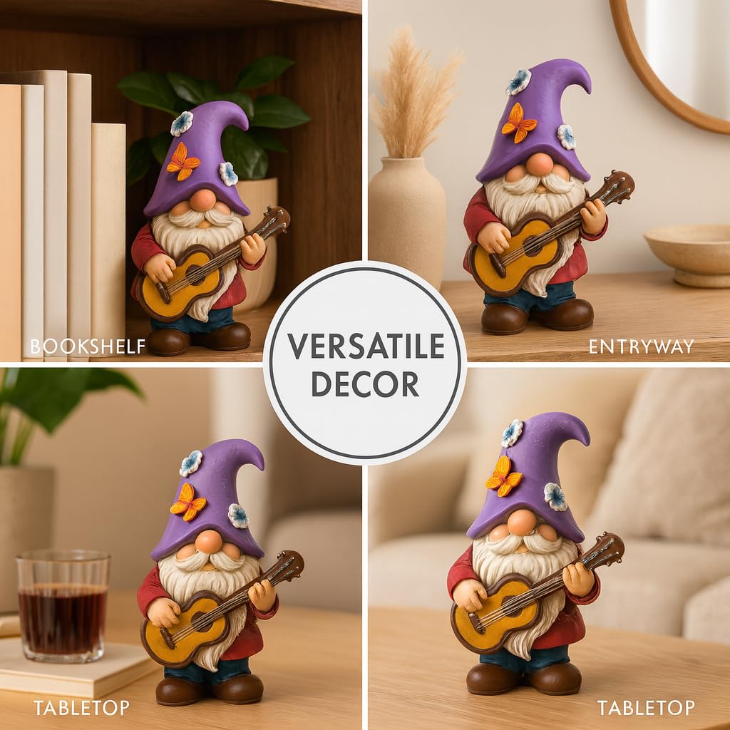 GoGnome Musical Gnome Figurine with Guitar – Handcrafted Resin Garden or Shelf Decoration, 6.2" Tall Whimsical Gnome Statue with Purple Hat, Flowers & Butterfly, Gift for Music Lovers (Purple)