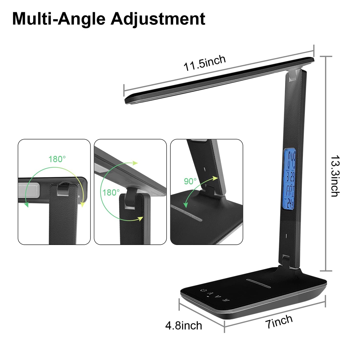 snsok Desk Light with Wireless Charger, USB Charging Port, Dimmable Office Desk Lamp with Clock, Alarm, Date, Temperature, Foldable Lamp for Table Bedroom Bedside Office