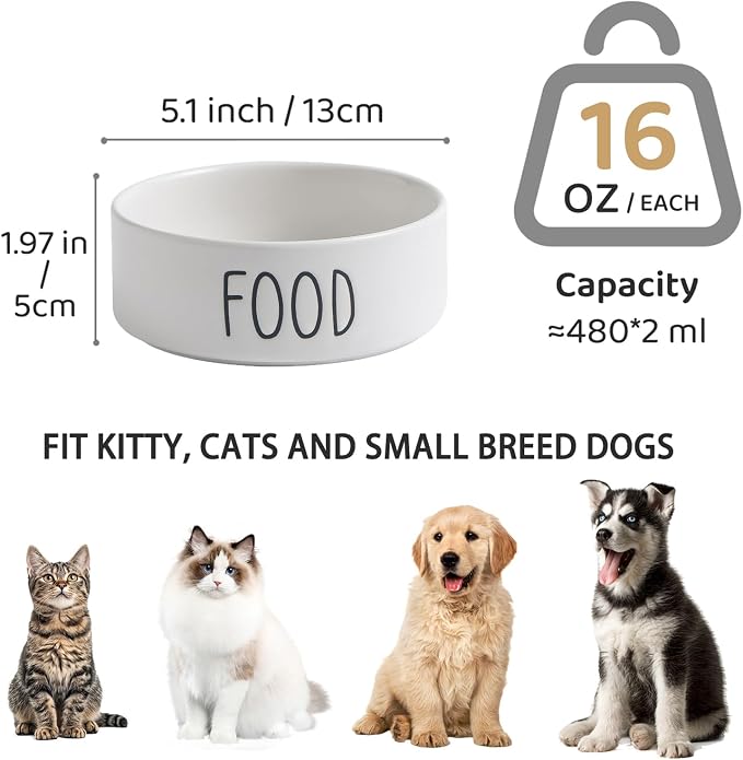 Ceramic Dog Bowls Set of 2 - Weighted Dog Dishes with Food & Water Lettering for Cats and Small Dogs, Food Grade Pet Bowl, Dishwasher & Microwave Safe (5.1 inch, 2 * 16oz, White)