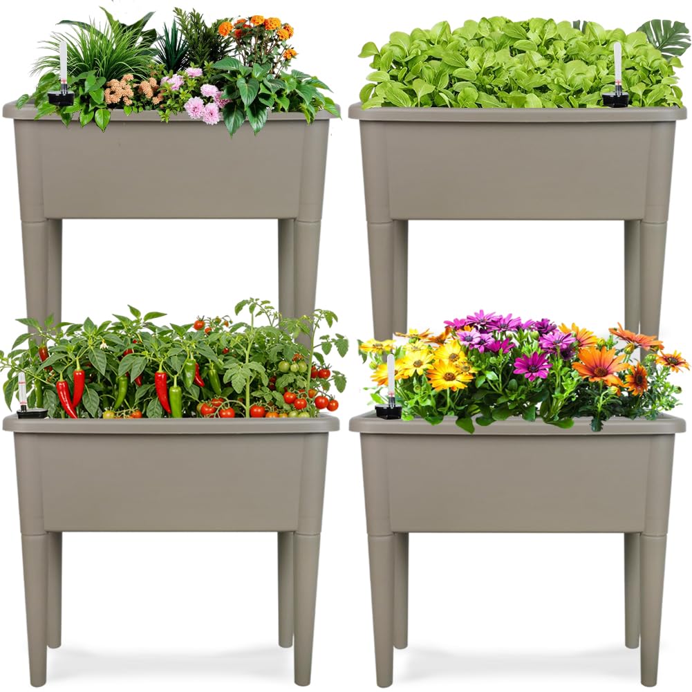 Megawodar 4 Pcs Self Watering Elevated Raised Garden Bed, Large Outdoor Plastic Planter Box Big Flower Plant Pot for Planting Flowers Vegetables and Herbs (4, Khaki)