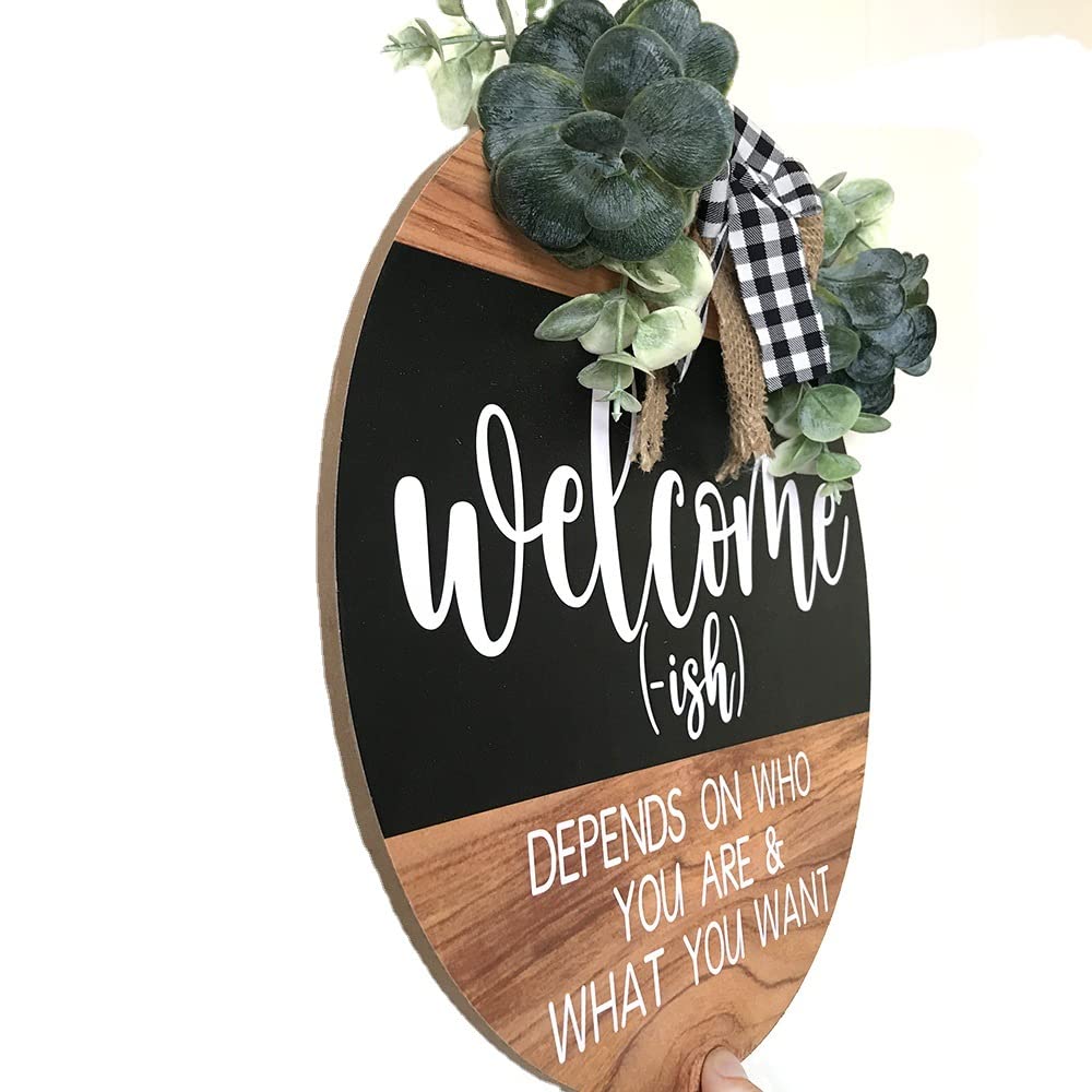 CHIJIRE Welcome Sign Front for Door Decoration, 12 in Round Wood Wreaths Wall Hanging Outdoor, Farmhouse, Porch, for Spring Summer Fall All Seasons Holiday Christmas