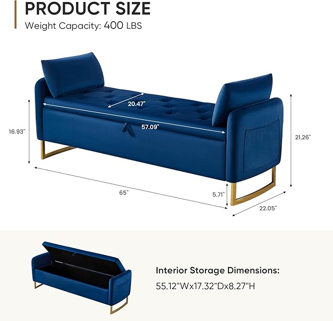 65" Storage Bench for Bedroom, Velvet End of Bed Bench, King Size Bed Benches