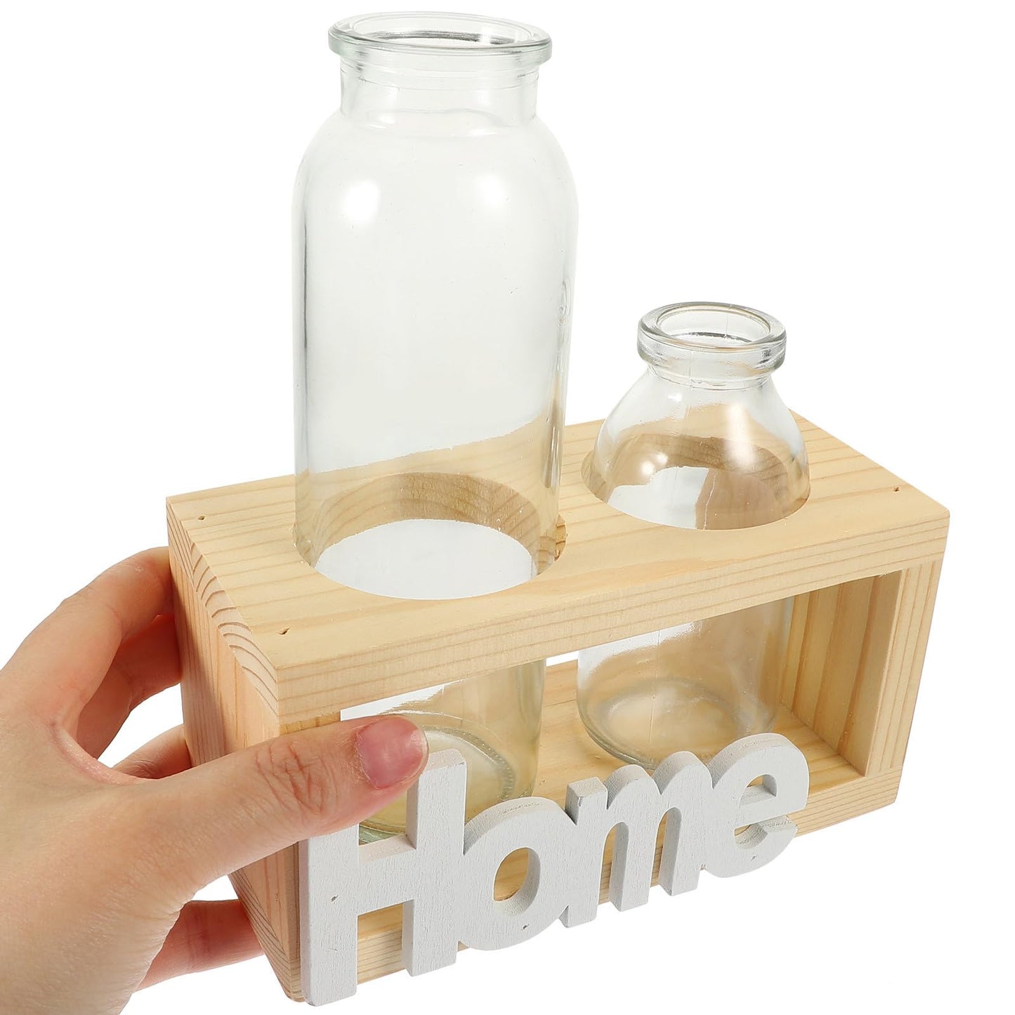 Luxshiny Hydroponic Glass Plant Vase with Wooden Stand, Nordic Style Indoor Terrarium Planter for Home Desk Decoration, 2pcs Set