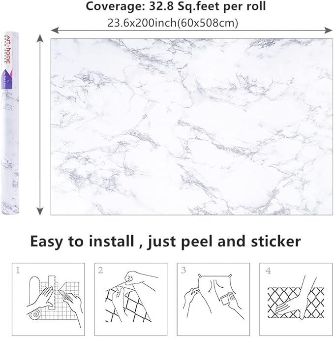 Arthome 60 x 508 cm Peel and Stick Marble Contact Paper, Self-Adhesive