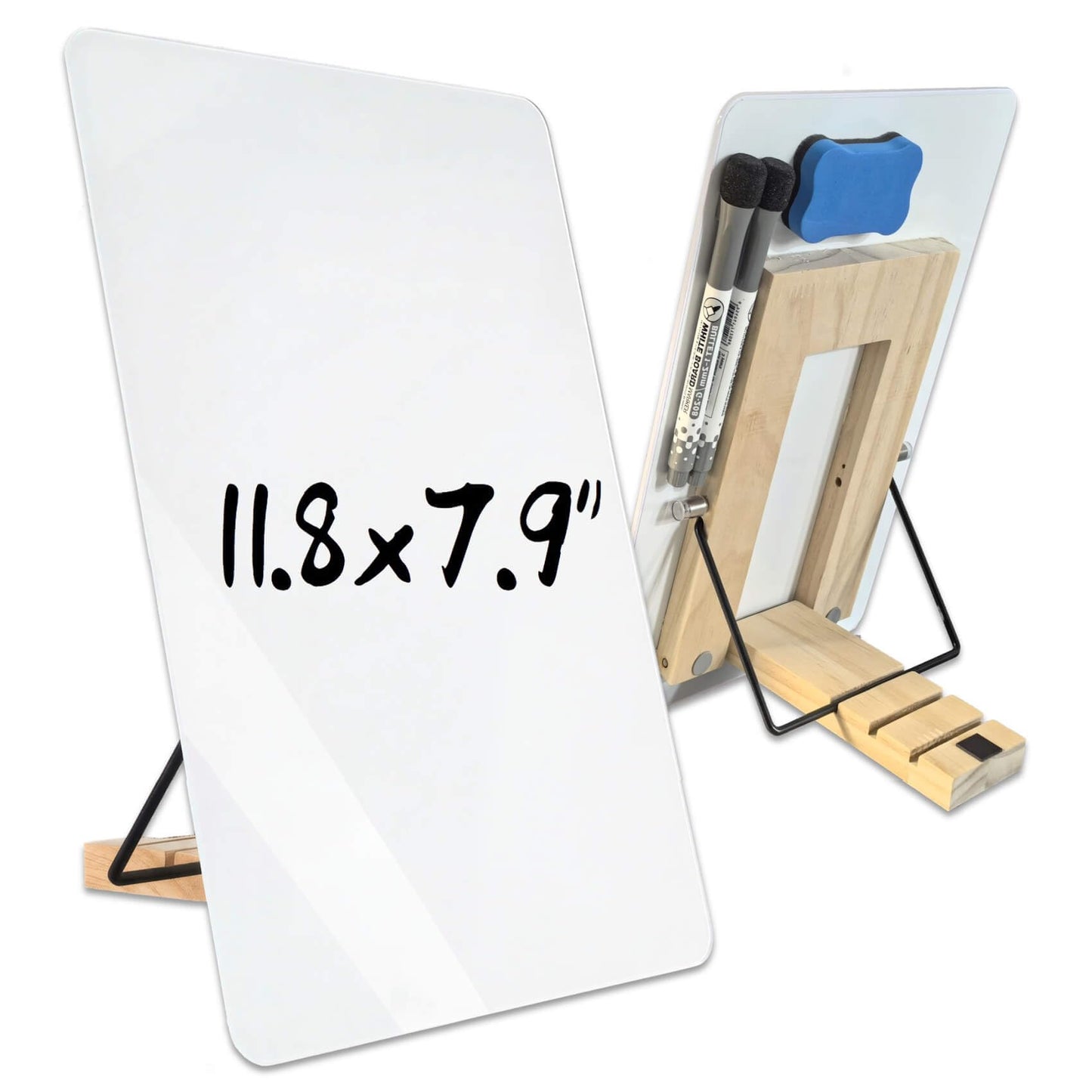 iNenya Glass White Board with Stand,Magnetic Mini Dry Erase Board for Desk,Small Desktop Whiteboard with Solid Wood Bracket