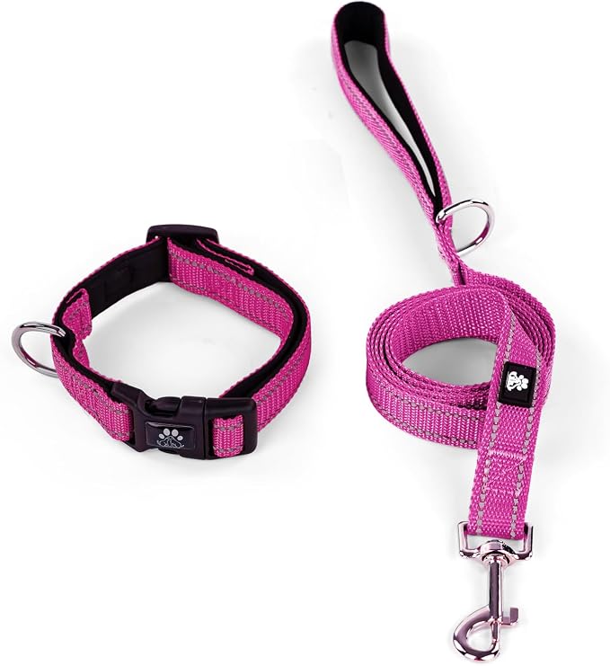 IVY&LANE Reflective Dog Collar and Leash Set,Adjustable Neoprene Padded Dog Collars, Breathable Nylon Pet Collar for Small Medium Large Dogs(X-Small,Fuchsia Pink)