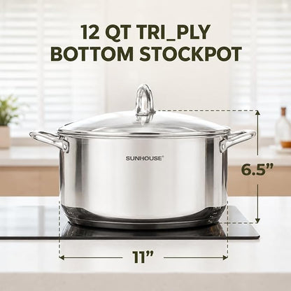 Sunhouse Stock Pot with Lid - 12 QT Large Pot for Cooking Pasta, Soup, Spaghetti - Impact Bonding Base Big Stainless Steel Pots for Canning, Boiling - Oven Safe & Induction Compatible Cookware