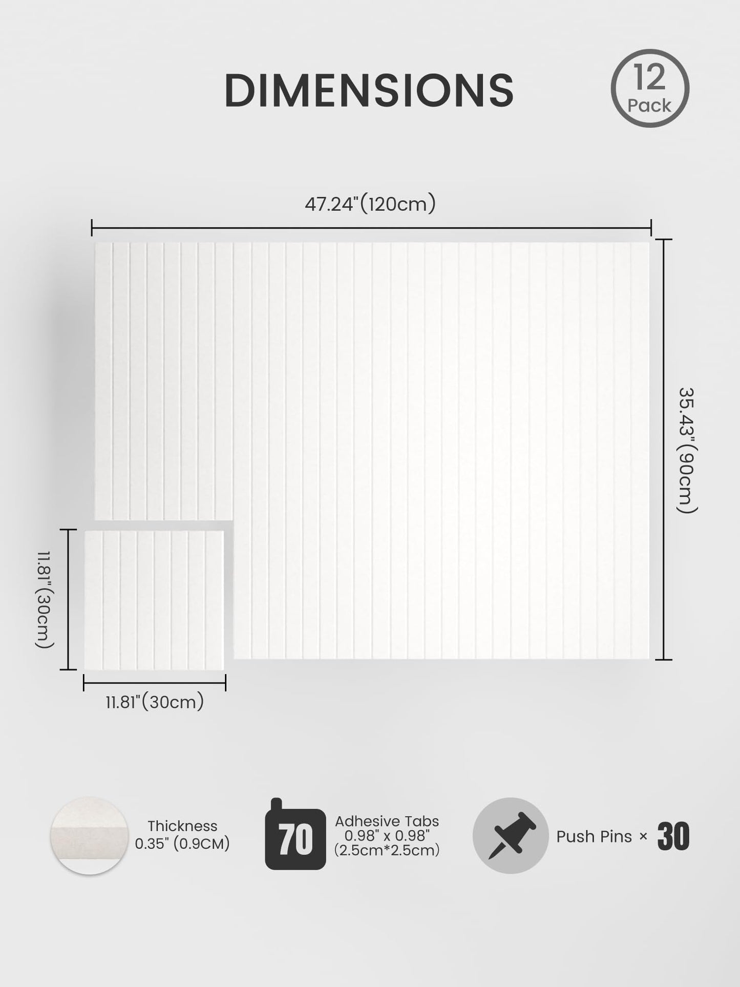 Bumusty Large Cork Board Alternative-48 x 36" Felt Bulletin Board Tiles, with 30 Pushpins, 70 Adhesive Tabs, Fine-Stripe 12-Pack, Cork Boards for Office Push Pin Board Felt Board-Milky White