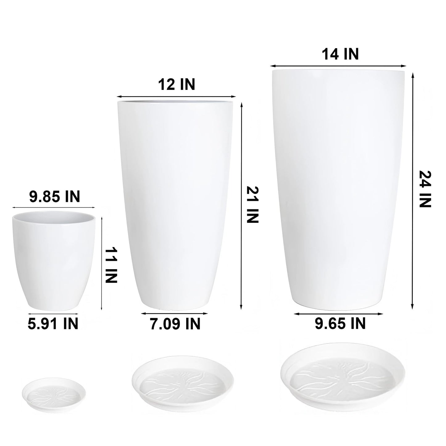 MinCHI257 24,21,11 Inch Large Plastic Planters with Drainage Hole and Saucer - Set of 3 Tall Plant Pots Indoor Flower Pot Tall Round Planters Outdoor Large Tall Planter