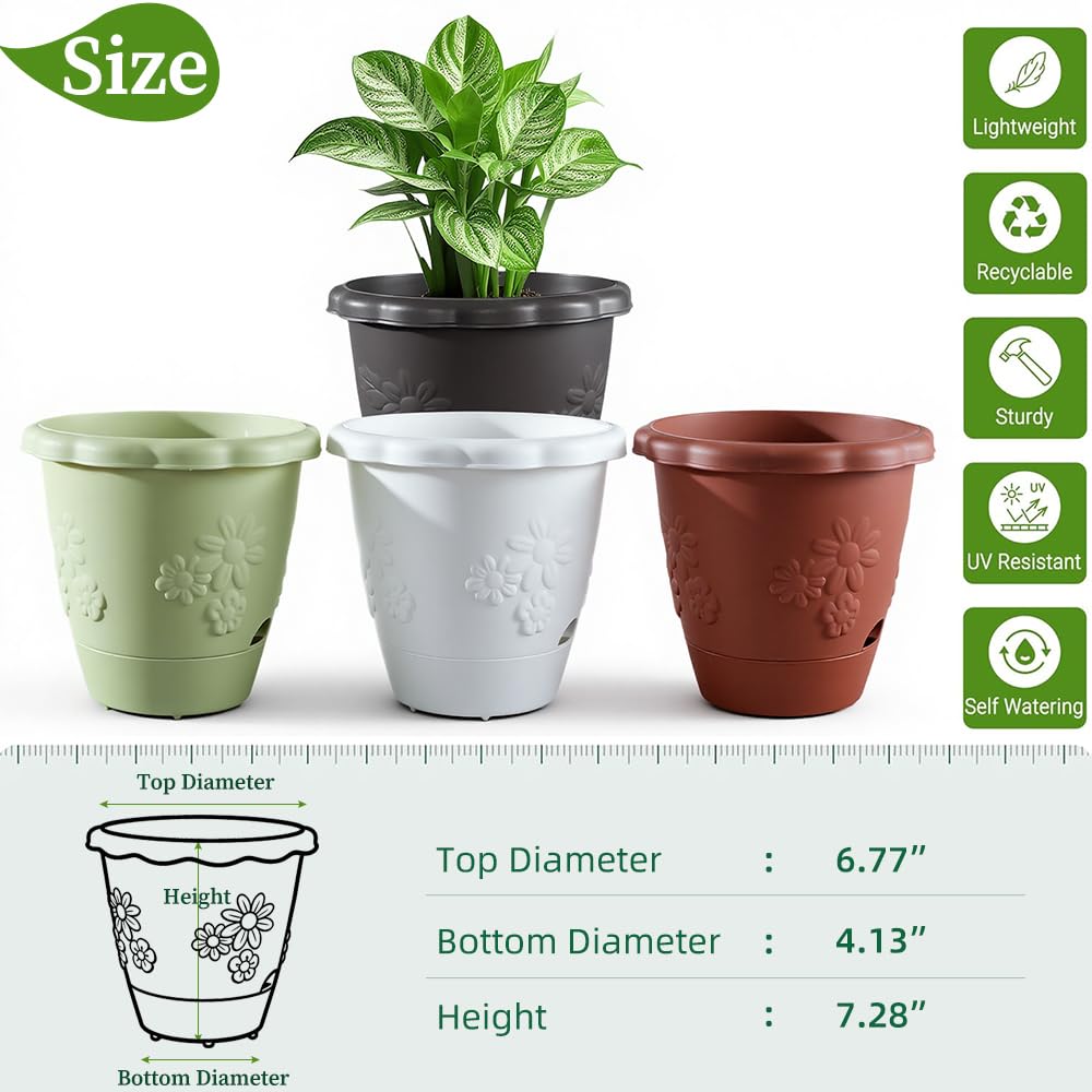 ULIKEIT 8 Inch Self Watering Pots for Indoor Plants, Set of 4 Plastic Planters with Drainage Holes and Saucers, Outdoor Flower Pots Home Garden Modern Decor (White)