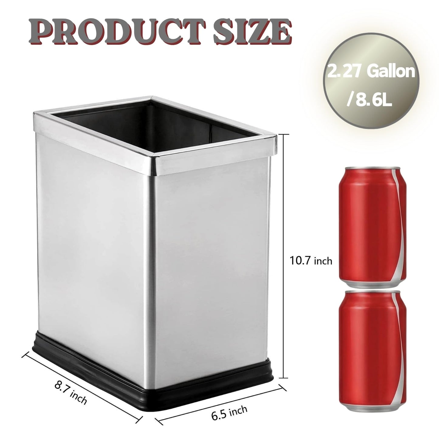 AVLA 10 Liter Open Top Trash Can, Stainless Steel Office Wastebasket, Kitchen Garbage Container Bin with Removable Bag Holder, Waste Trashcans for Bathroom, Restaurant, Restroom, Powder Room, Home