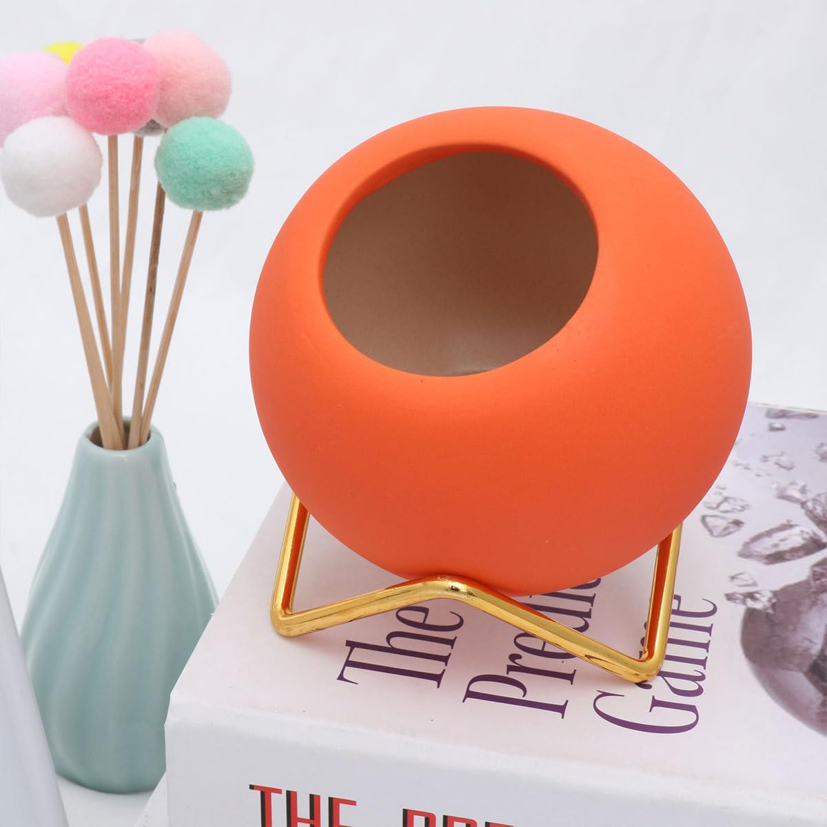 EXCEART Round Orange Ceramic Flower Pot with Electroplated Iron Rack 3.9 X 4.1 X 3.9 Inch Indoor Planter for Succulents and Home Decor