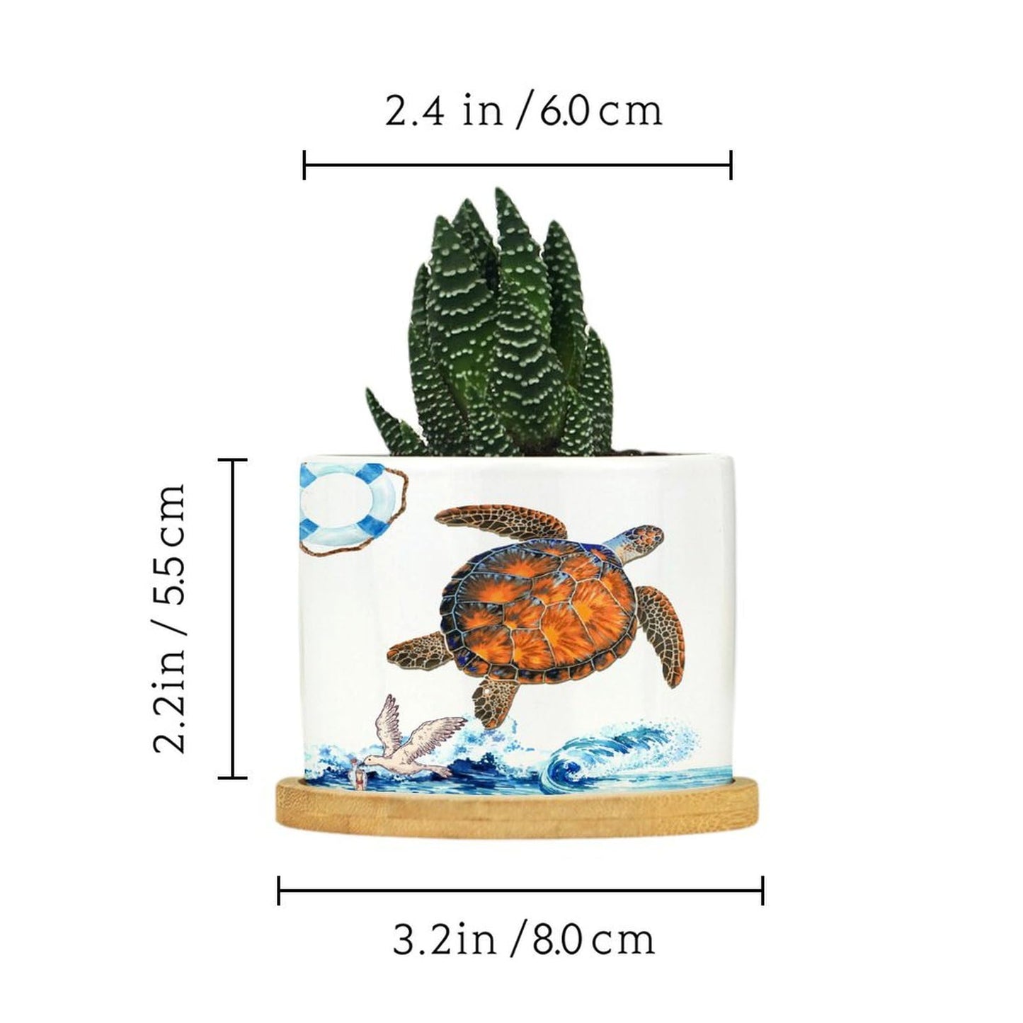 DreamAutumn Ocean Theme Sea Turtle Ceramic Pots for Plants with Drainage Holes Round Flower Pot Bamboo Tray Orchid Pot Succulents Pots for Outdoor Indoor Plants,Housewarming Gifts