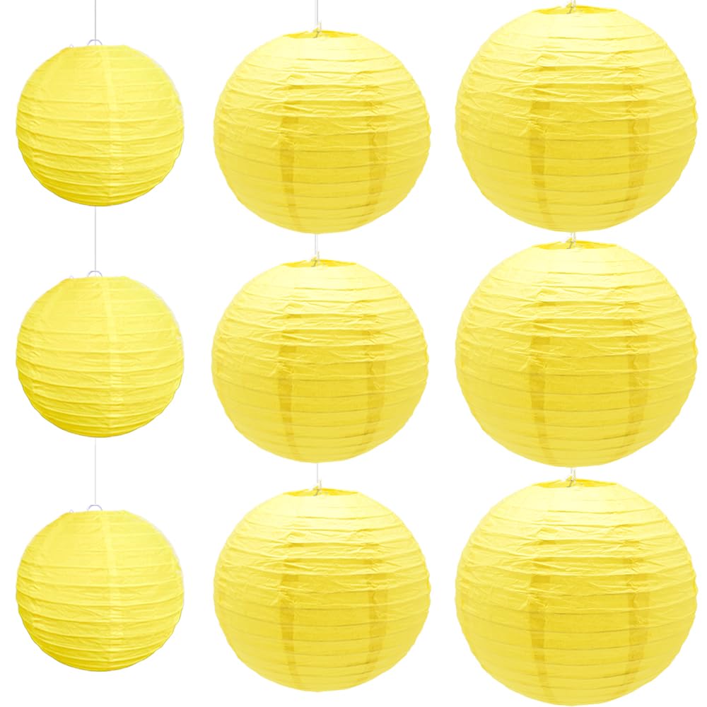 Hocansen 9Pcs Yellow Round Hanging Paper Lanterns 8/10/12in Chinese Lanterns for Birthday Wedding Home Party Wedding Home Decor Decoration(DLZ/Yellow)