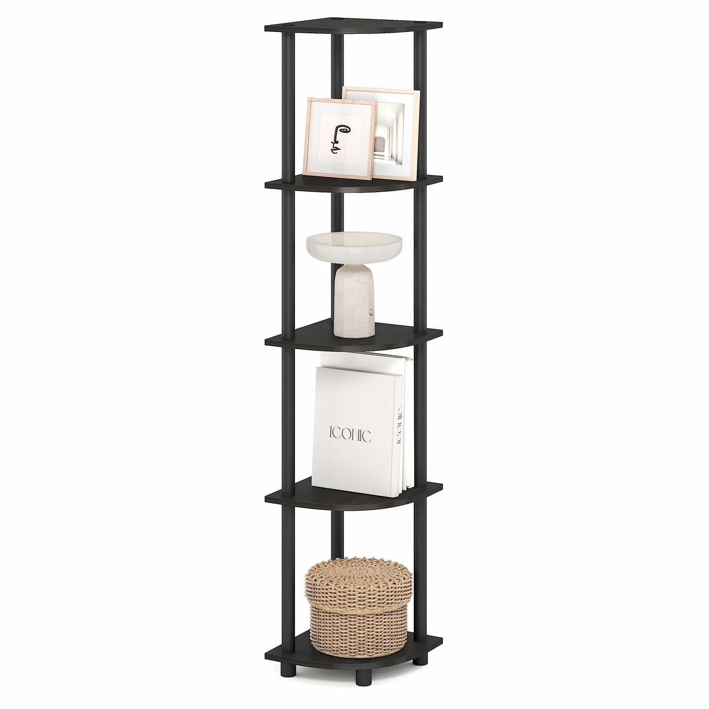 Furinno Turn-N-Tube Corner Shelf, 5-Tier Corner Bookshelf, Open Storage Shelves, for Organization and Storage, Living Room, Home Office, Garage, Bedroom, Black Espresso