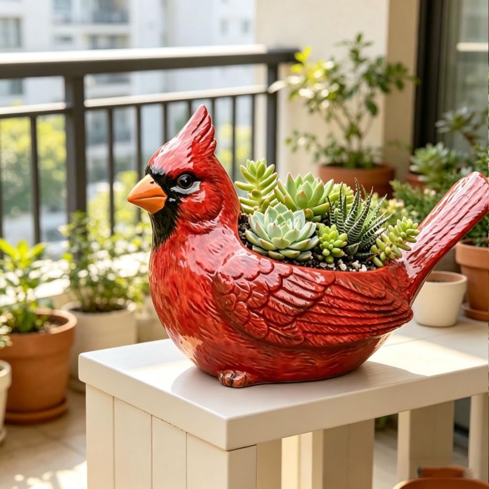 Cardinal Bird Succulent Planter, Resin Red Birds Plant Pot with Drainage Hole, Cardinal Flower Pot Decor for Indoor Outdoor Plants (A#)