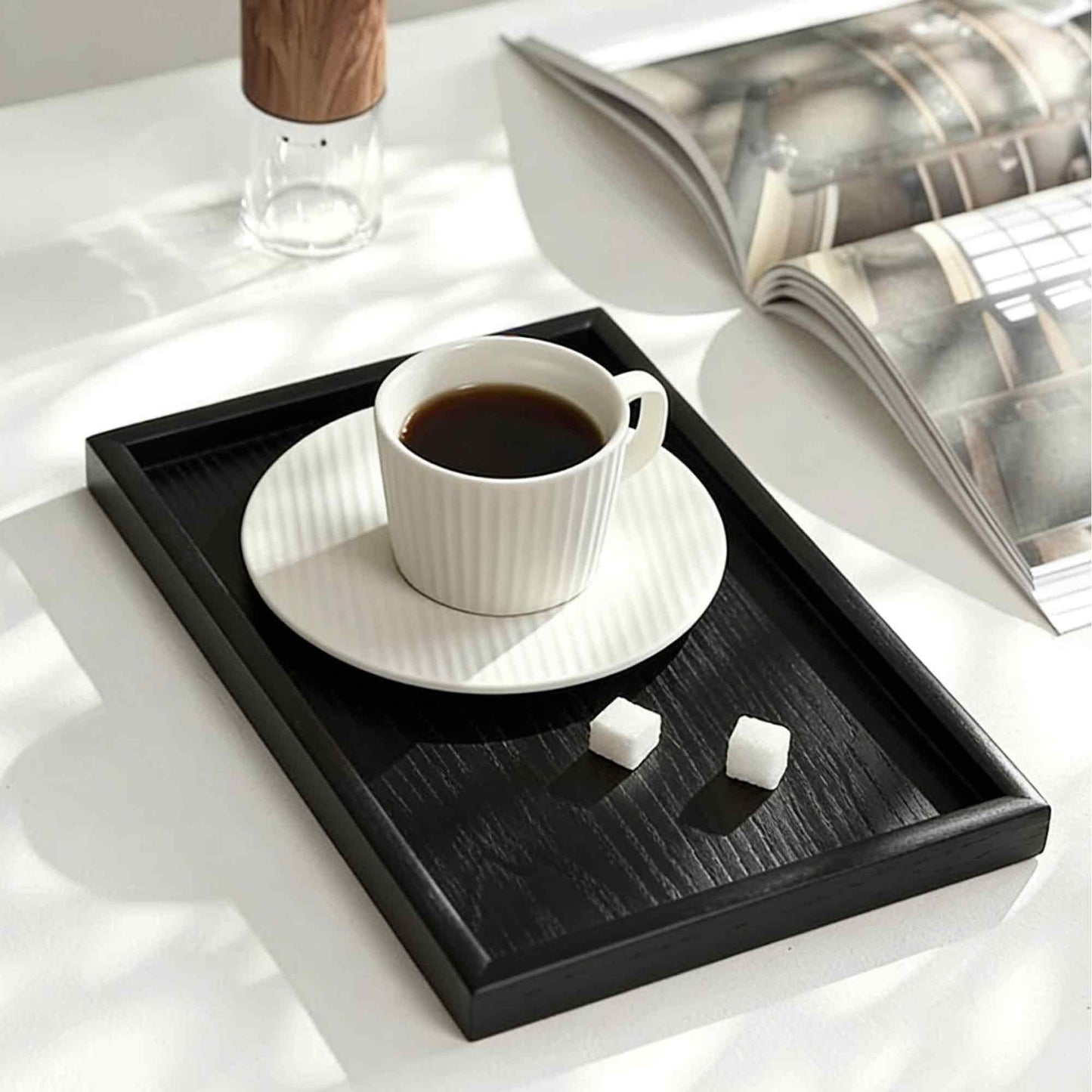 AUXBC 12x8 Inch Black Wood Serving Tray with Raised Edges, Rectangle Decorative Platter for Kitchen Home Decor, Wooden Charcuterie Board for Snacks Appetizers Coffee Tea Breakfast Food Display